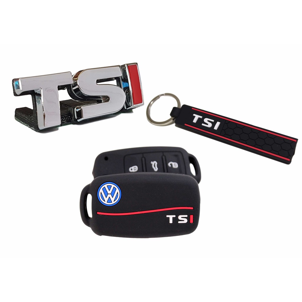Kit Emblema TSI Grade + Capa Silicone Chave Canivete TSI Faixa Vermelha + Chaveiro TSI VW Up! Jetta Golf Tiguan