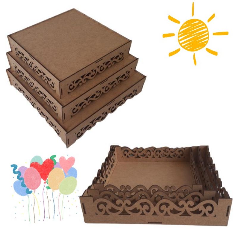 Trio de Bandeja Quadrada Arabesco MDF Ref. 17 em Oferta na Shopee