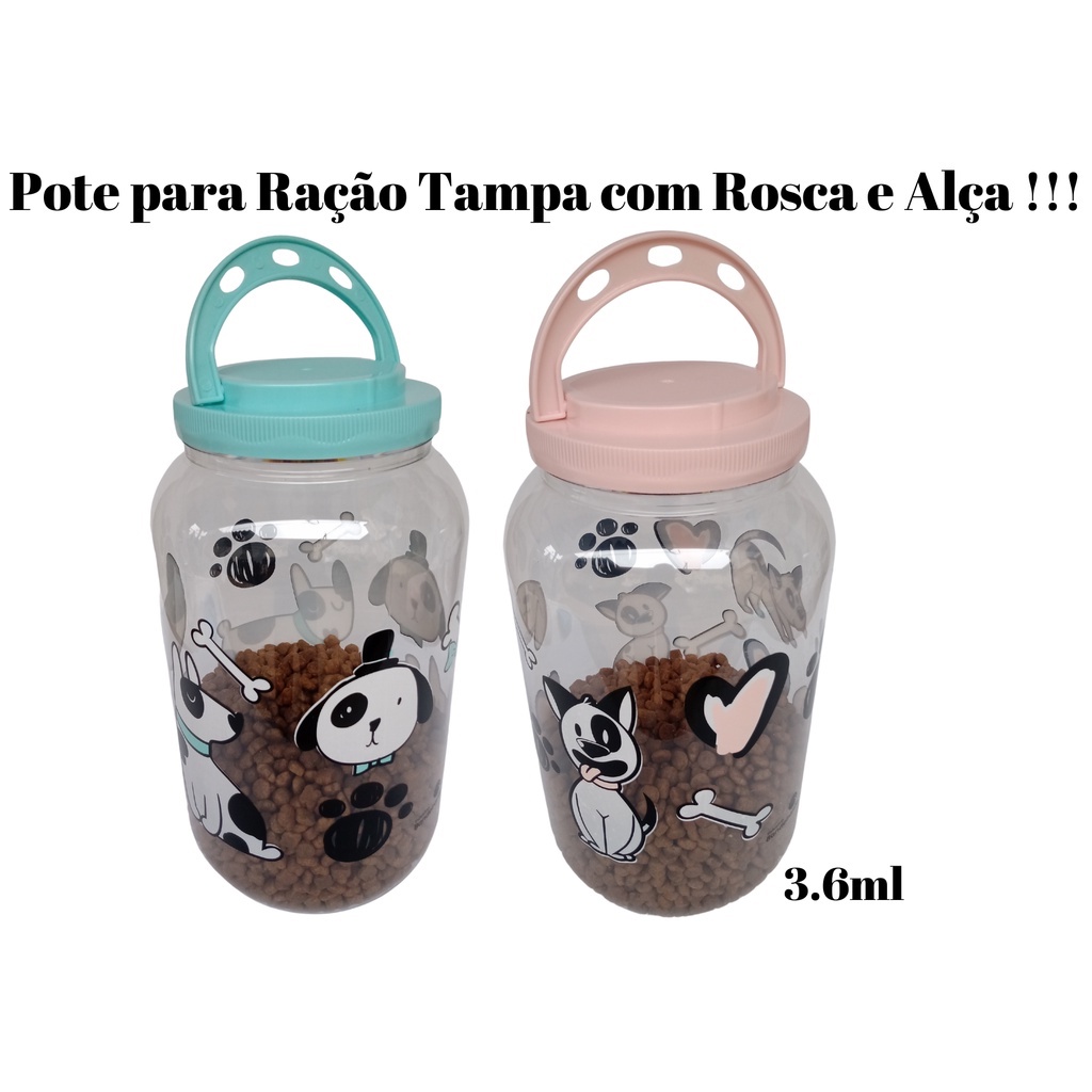 KIT 2 Pote Porta Ração 3.6 Tampa com Rosca e Alça – Original para Cães e Gato p/ Armazenar Ração do seu PET na cor Rosa e Azul Celeste.