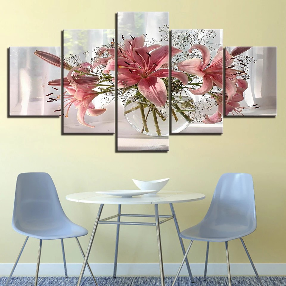 Kit Quadros Decorativo Mosaico 5 peças MDF Flor Rosa Lírio Arte Sala Quarto Cozinha Hall em Oferta na Shopee