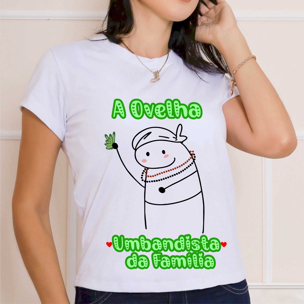 Camiseta blusa branca estampada umbanda frase Ovelha umbandista da familia flork