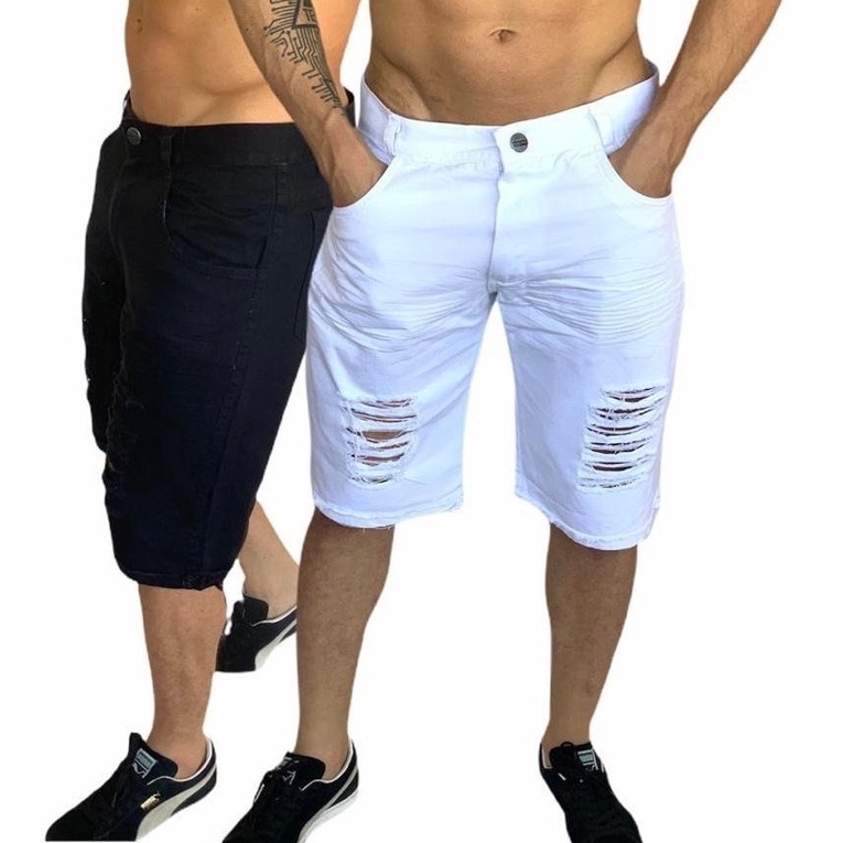 Bermuda Jeans Masculino Preto e Branco Rasgada