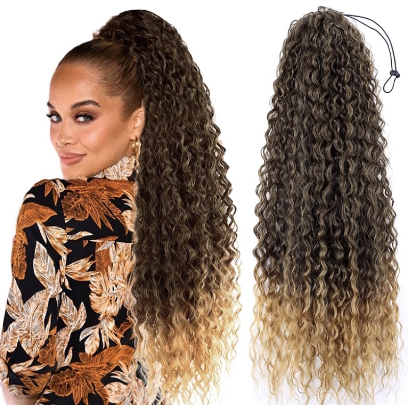 aplique de cabelo orgânico rabo de cavalo cacheado loiro ombre mel