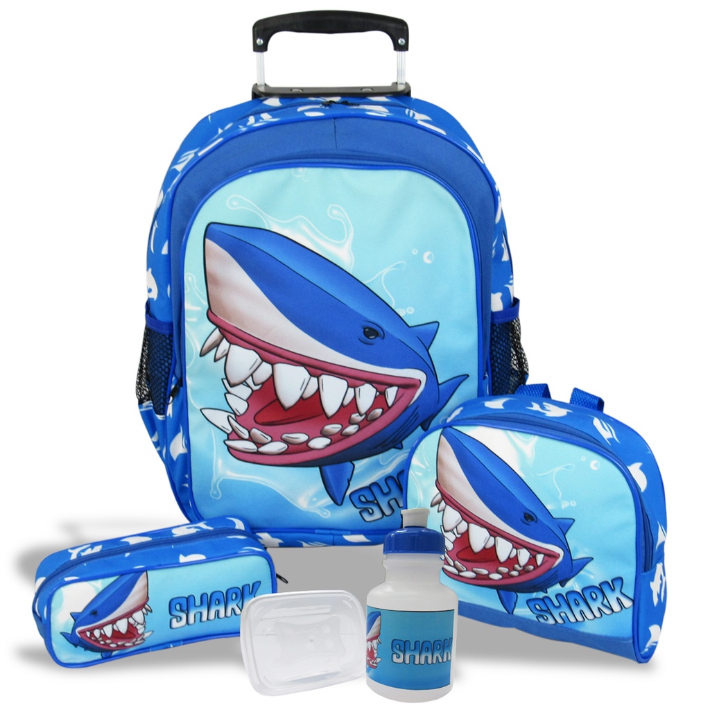 Kit Mochila Tubarão Shark de Rodinhas Tam G Lancheira e Estojo em Oferta na Shopee