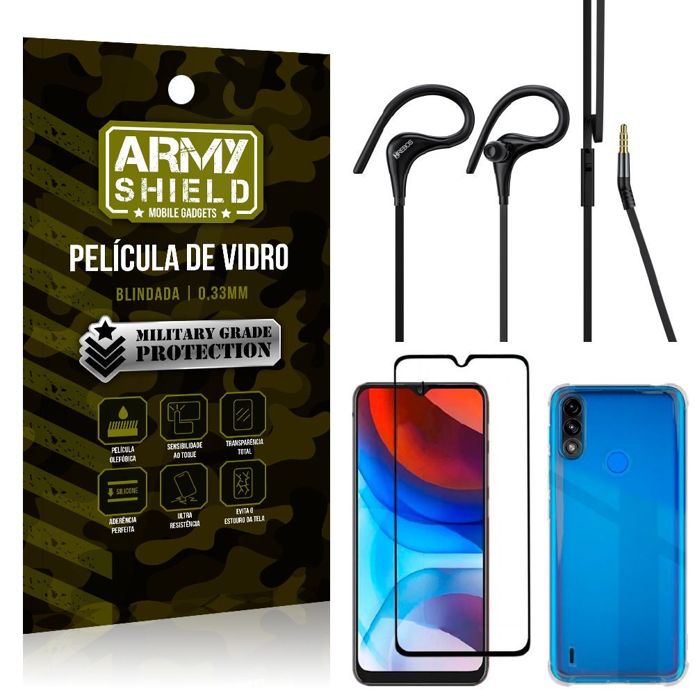 Kit Moto E7 Power Fone Sport HS92 + Capinha + Película 3D - Armyshield