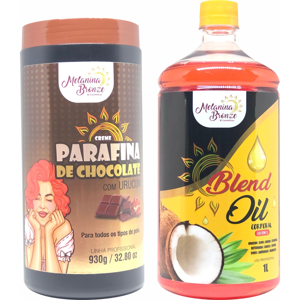 Parafina de Chocolate com Urucum 930g + Blend Oil Corporal 10 em 1 1L MELANINA BRONZE