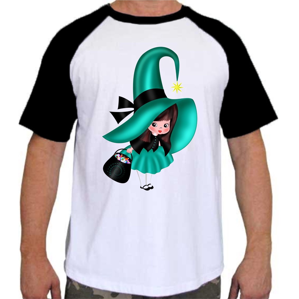 Camiseta Raglan Unissex ou Baby Look Raglan Estampa Halloween Bruxa Bruxinha Fofa 34