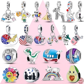 Prata 925 Genuíno Pequeno Menino Raposa Rosa Pirâmide Mamãe Encanta Em Forma De Pulseiras De Charme Original Diy Moon Cat Schnauzer Pingente Para Fabricação De Joias