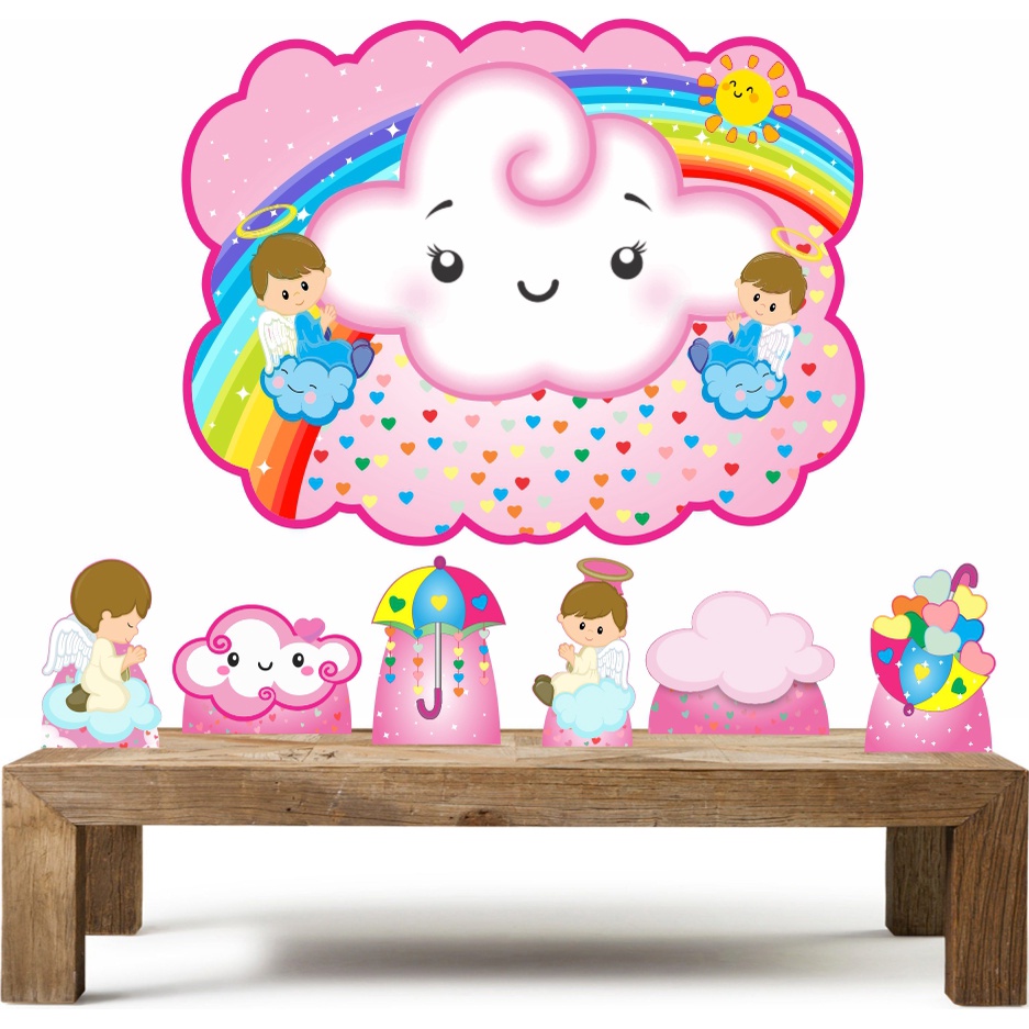Chuva De Amor Rosa Kit 6 Displays Totens De Mesa + Placa de Parede  Kit Enfeites kit festa