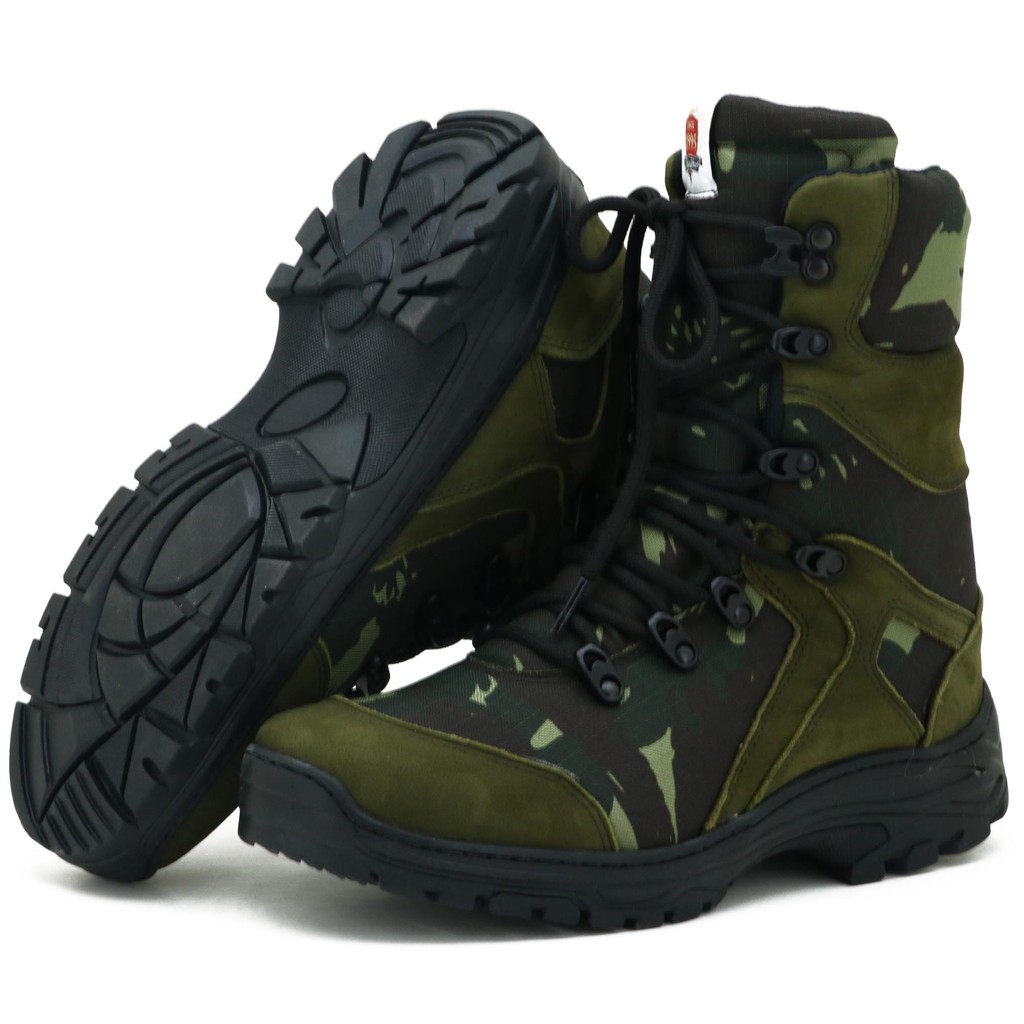Bota Coturno Militar Em Couro e Lona Camuflado na cor verde -293