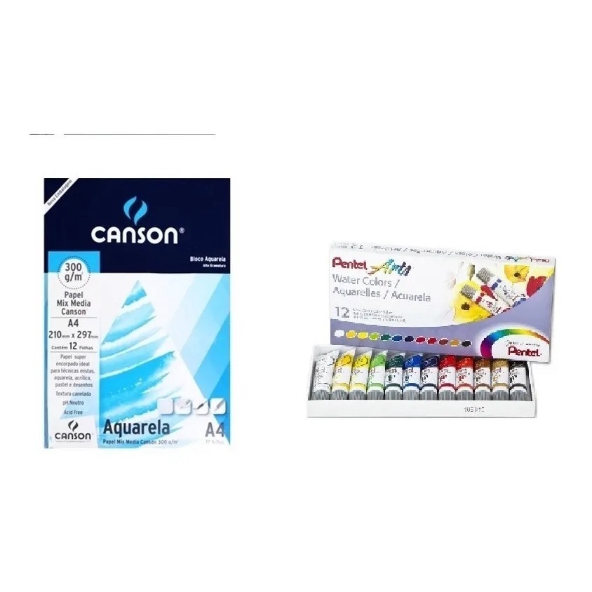 Kit Papel Canson Aquarela E Tinta Aquarela Pentel Tubo 12 Cores Wfrs