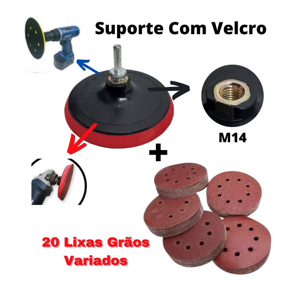 SUPORTE DE LIXA DE VELCRO 125mm + 20 DISCOS DE LIXA + ADAP. PARA USO EM FURADEIRA/PARAFUSADEIRA/ESMERILHADEIRA/LIXADEIRA