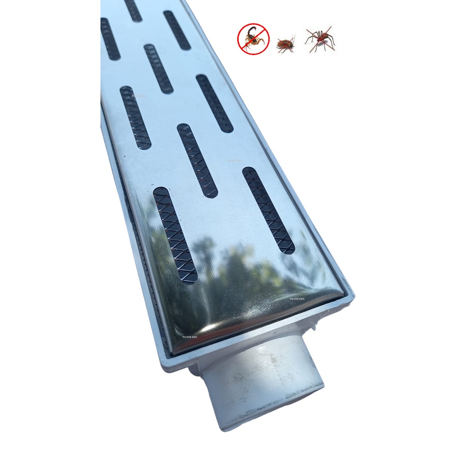 Ralo Linear 6x50 modelo Grelha Inox Polida Desenho Tracejado com Tela Anti Insetos e Coletor Branco - Ficone Reis