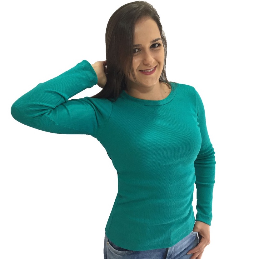 Blusa Feminina Manga Longa Malha Canelado Ribana Moletom Frio