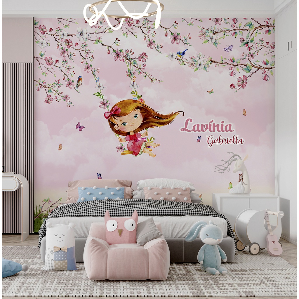 Papel de Parede Infantil Menina no Balanço Jardim Encantado Rosa Quarto de Bebê e Menina Sob Medidas
