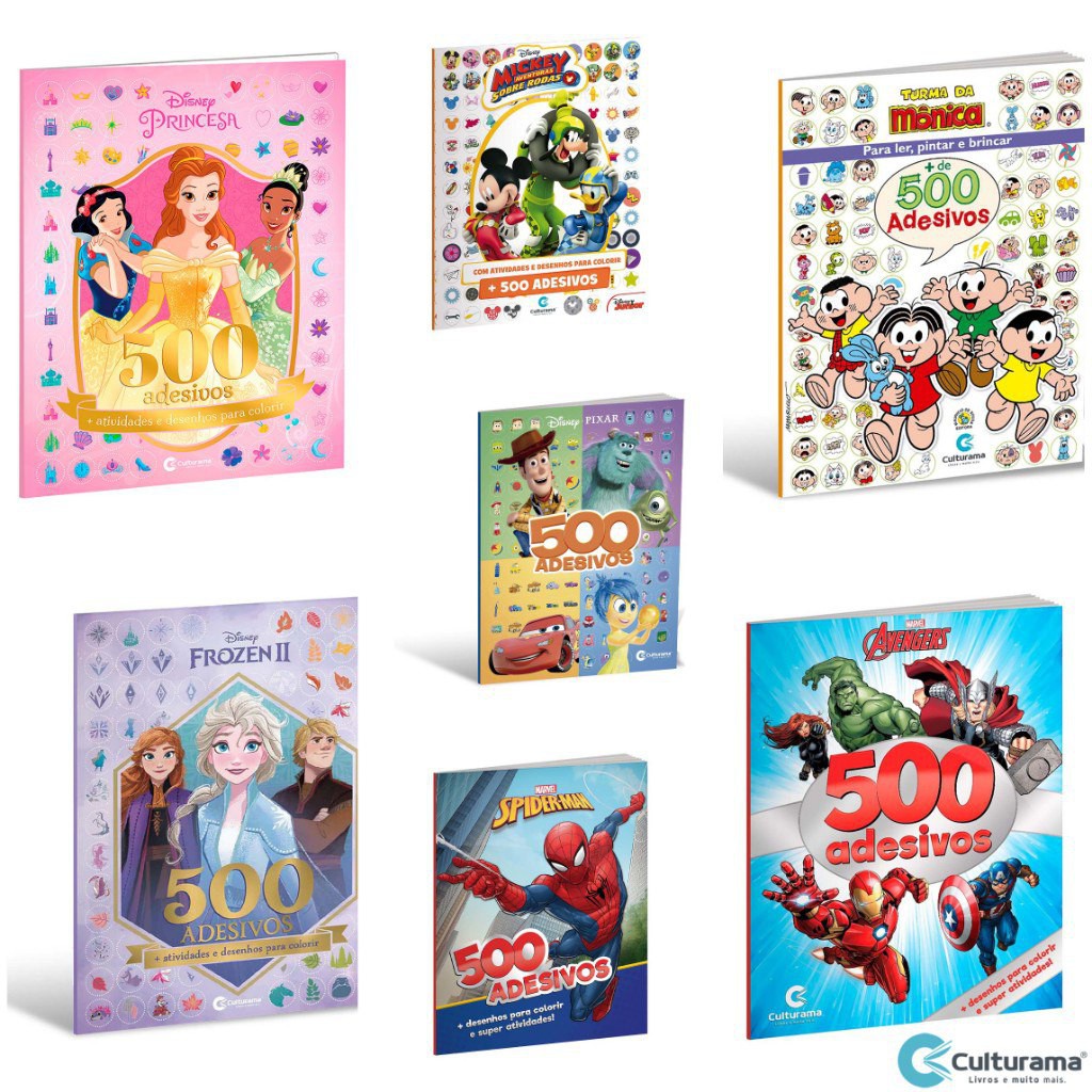 Livro I Antil Revista 500 Adesivos Disney Princesas Unicórnio Mickey Avengers Homem Aranha Frozen Disney Culturama