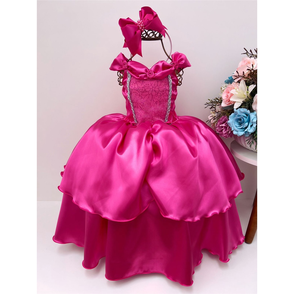 Fantasia Vestido Infantil Menina Luxo Aurora Bela Adormecida Barbie Pink Princesas Disney