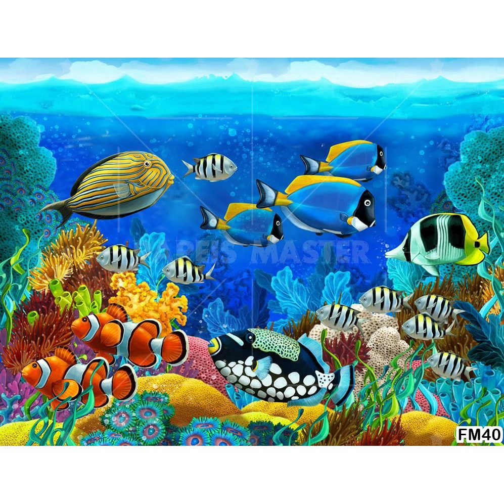 Papel de Parede Adesivo Decorativo Decoração Fundo do Mar Golfinho Peixes Tubarão Aquário Paisagem Arte FM40