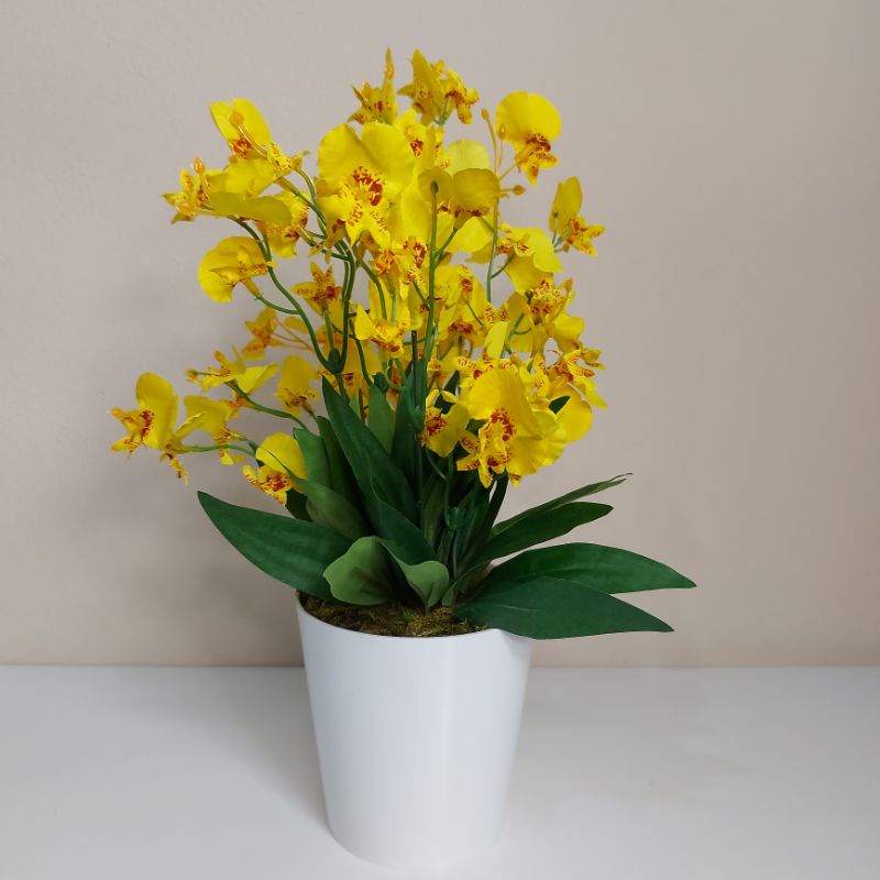 Arranjo de Orquídea Amarela de Tecido no cachepot acrílico branco | Shopee  Brasil