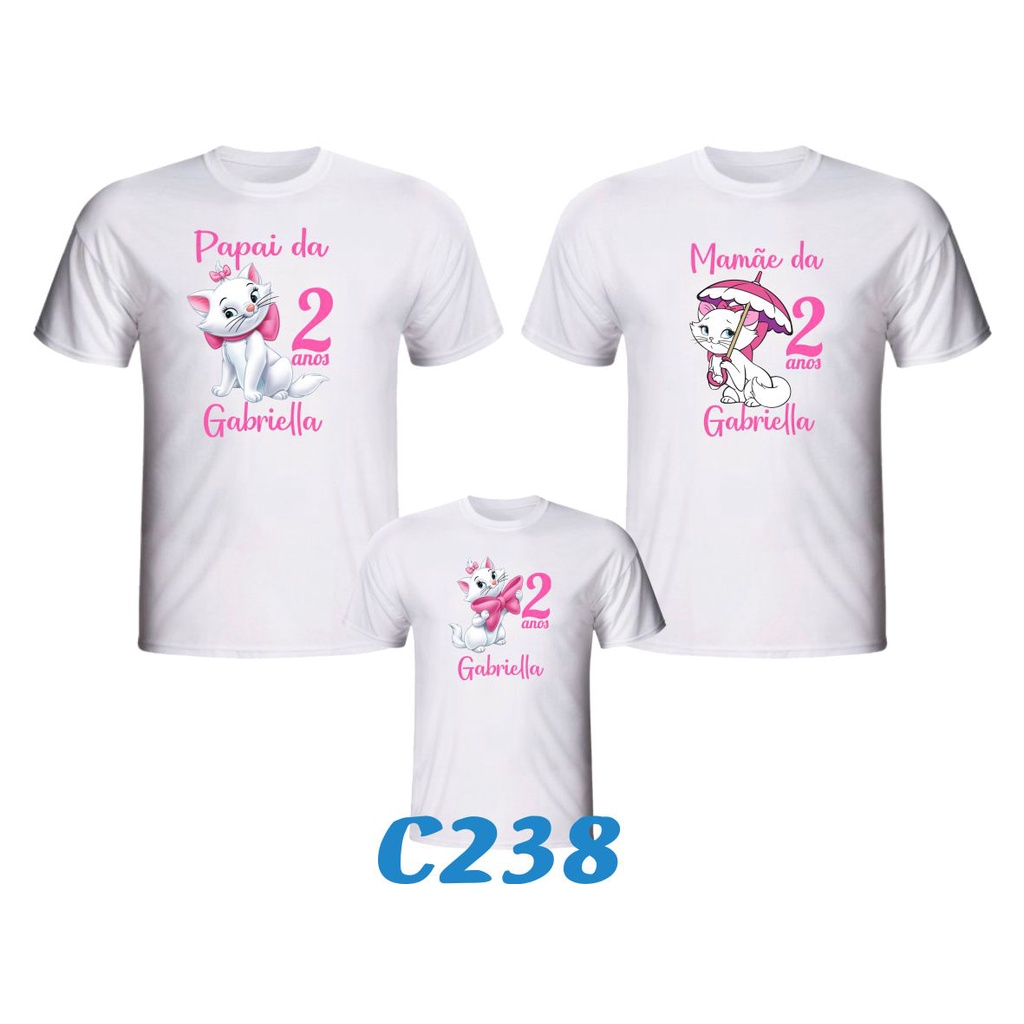 1 Camiseta "Gata Marie " Personalizada para aniversário da Gatinha Marie para festa temática C238