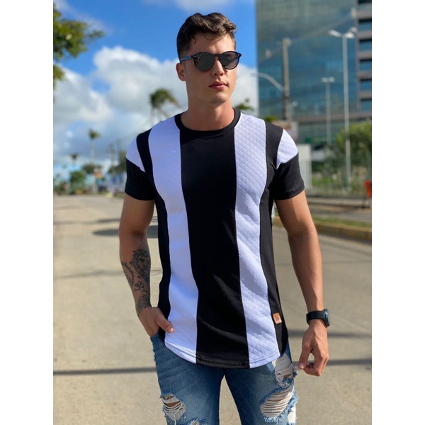 Camisa Longline masculina listrada Oversized em algodão fio 30.1 Penteado, camiseta Longline.