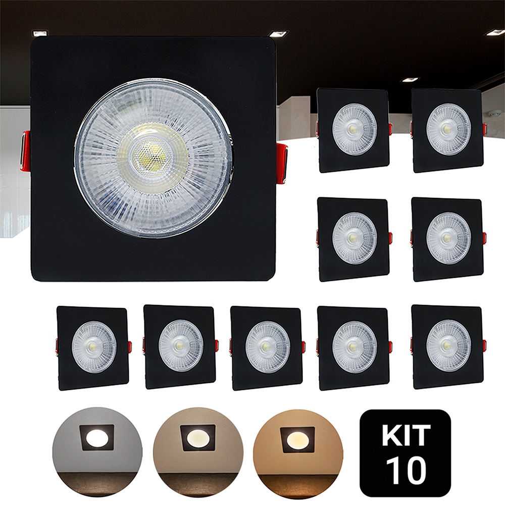 Kit 10 Spot Led Capa Preto 5w Direcionável Quadrado Luz Forte em Oferta na Shopee