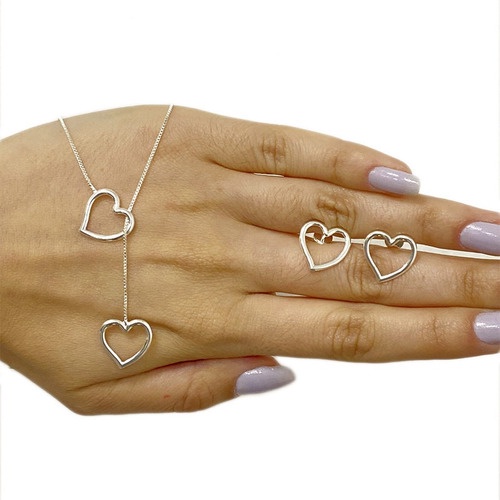 Kit Colar Gravatinha E Brinco Coração Folheado Prata 925