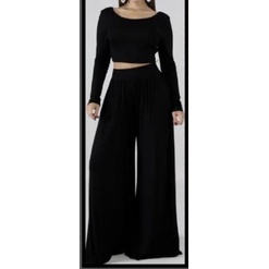 Conjunto Cropped Manga Longa +Calça Pantalona Com Bolso Cintura Alta na Viscolycra P ao G4