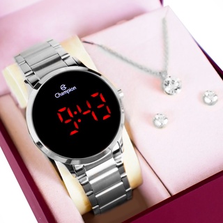 Relógio Feminino Champion Digital Led Prata CH40142T Kit Colar e Brincos