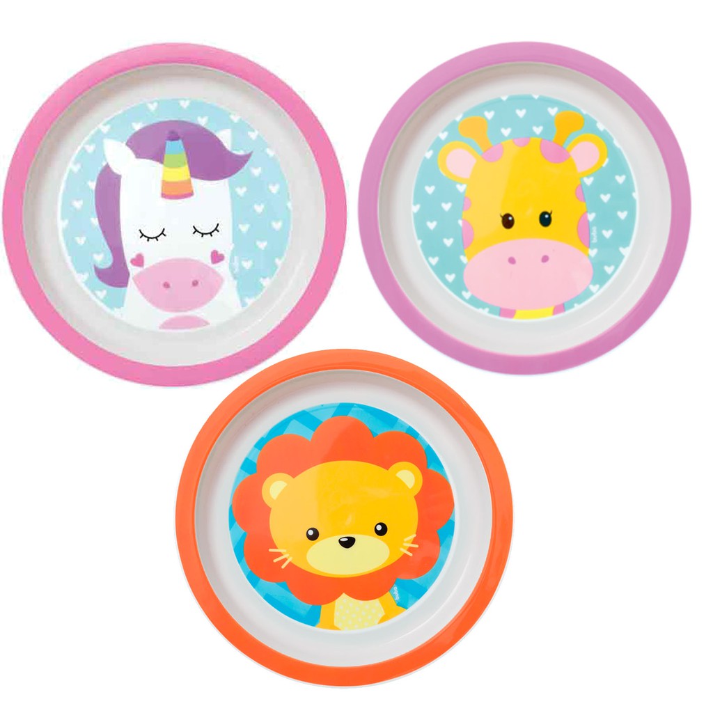 Prato Pratinho Infantil Redondo com Desenhos Para Refeição de Crianças/ Bebês Menina Leão Girafa Unicornio Buba