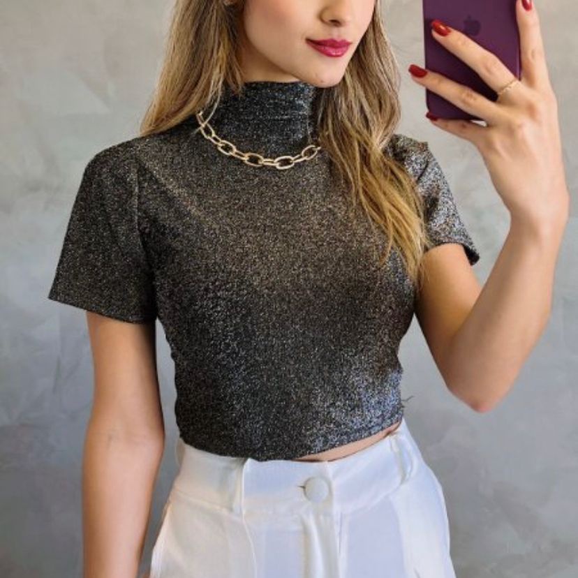 Blusa Cropped Feminina Manga Curta Gola Alta Poliamida Lurex Shopee Brasil