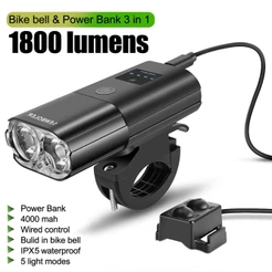 NEWBOLER Smart Induction 1800 Lúmens Conjunto De Luz Frontal De Bicicleta USB Recarregável 4000mAh Lâmpada De Cabeça LED Com De Buzina FlashLight