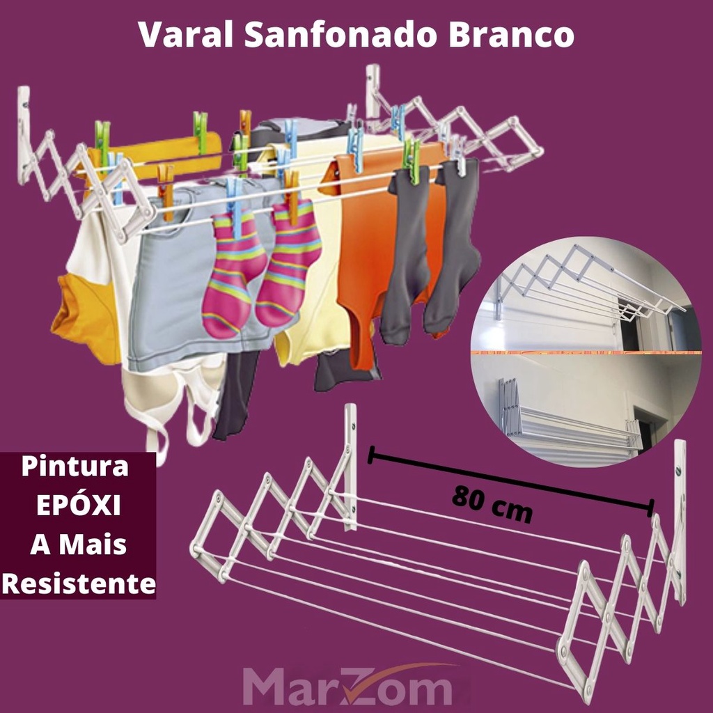 Varal de Parede Sanfonado 80cm - Varal para Apartamento Secalux - Varalzinho de Roupa Retrátil de Recolhe Pequeno para Banheiro Sala Cozinha Varanda Area de Serviço Calcinha Sutia e Roupa Intima
