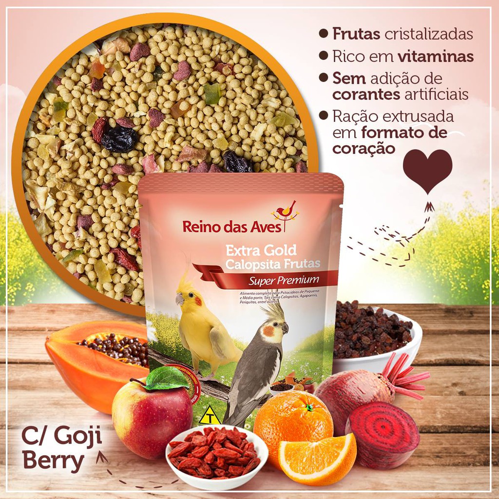 Kit Reino das Aves - Extra Gold Calopsita Frutas 400g + Farinhada R.A Criador Parrots 400g