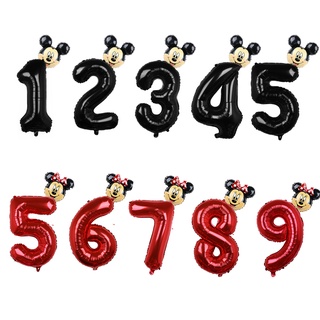 Disney 32 Polegada Preto Vermelho Número Balões Foil Mickey Minnie Figura Balão Cabeça 1 2 3 4 5 Ano Crianças Da Menina Do Menino Festa De Aniversário Decoração