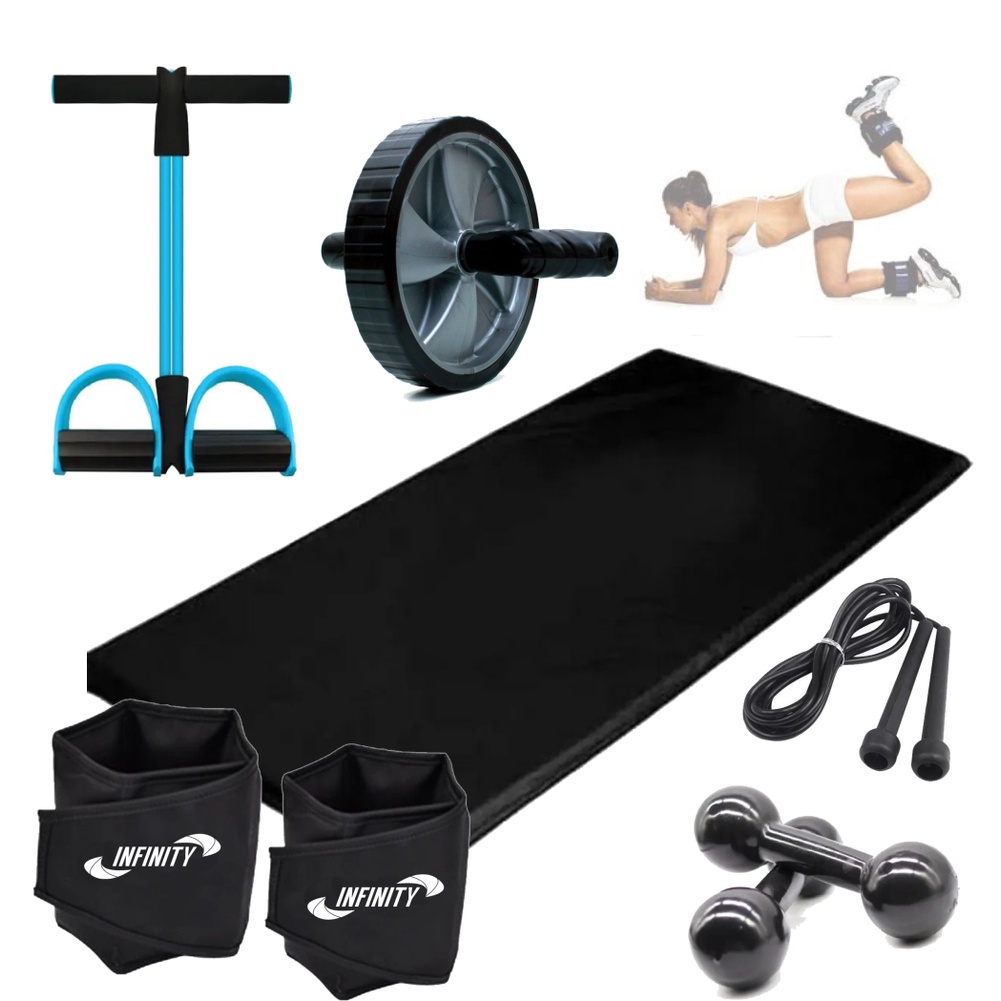 Kit Funcional Completo - 6 itens = Colchonete + Caneleira 1kg + Halter 1kg + Roda ABD + Extensor + Corda