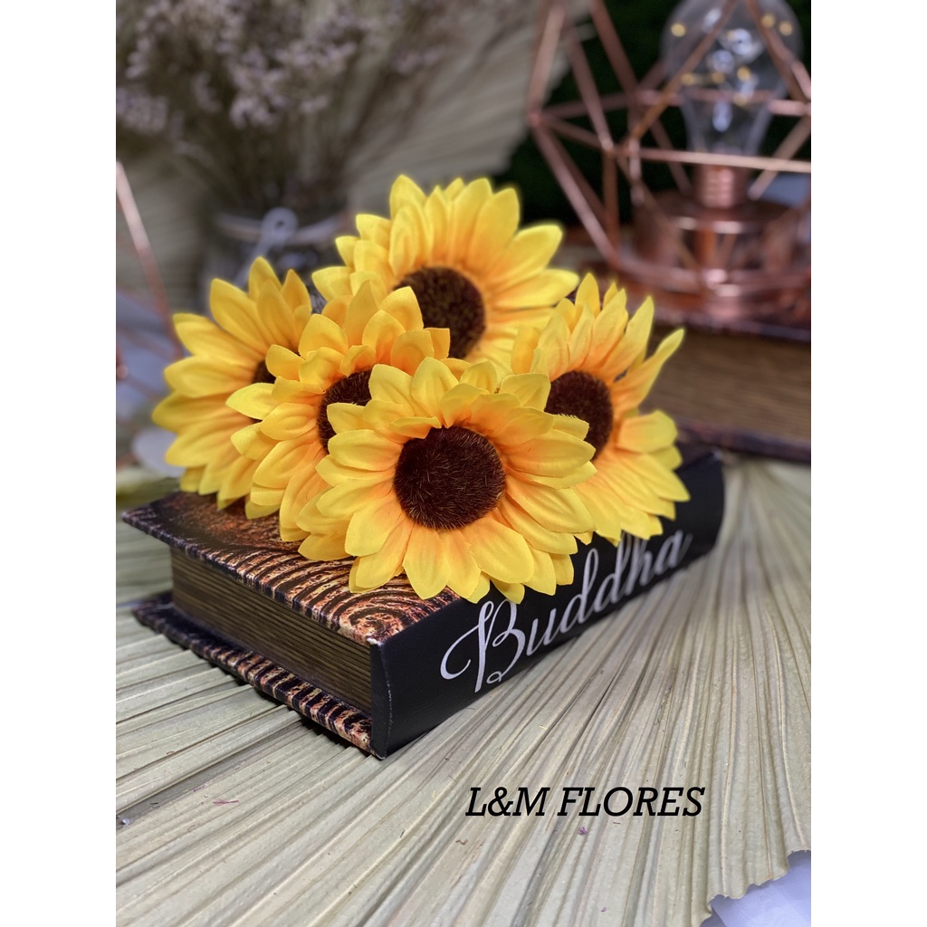 Buquê de Girassol médio artificial com 5 flores para arranjos e decoração de casamento, casa, festas e eventos