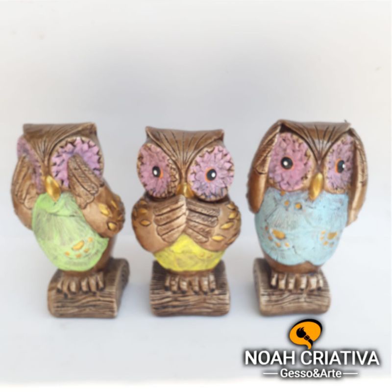 trio de coruja de gesso não vejo, não falo, nao escuto. peça decorativa. Corujas modernas.