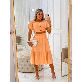 Conjunto Saia Midi E Cropped Tendencia Verão