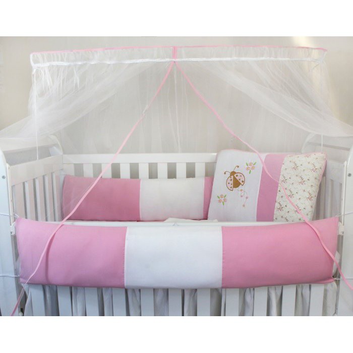 Kit Protetor de Berço Kids com Mosquiteiro Comum 7 peças Joaninha Floral Rosa