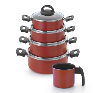 Conjunto de Caçarolas Antiaderente 18 a 24 com Tampa de Vidro + Fervedor 14 - Vermelho