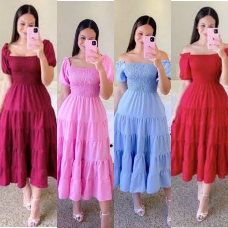 Vestido Feminino Ombro a Ombro Moda Evangélica Lastex Vestido Princesa