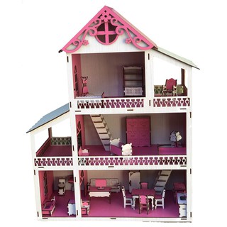 CASA CASINHA POLLY 45Cm em MDF PINTADA ROSA PINK + KIT 20 MINI