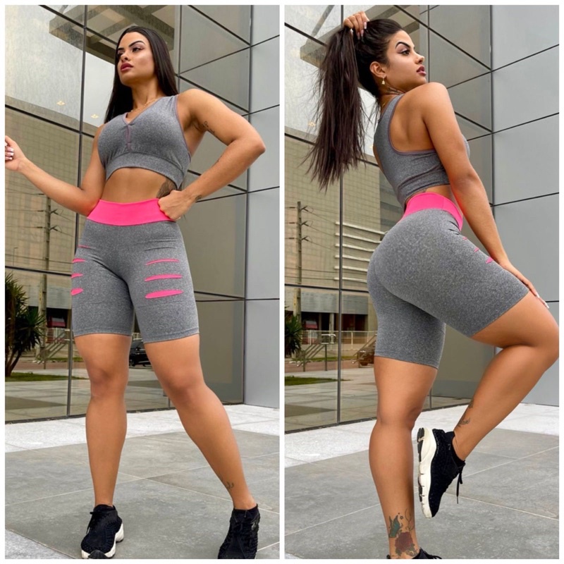 short ciclista meia coxa Suplex detalhes neon mais top nadador academia treino em Oferta na Shopee