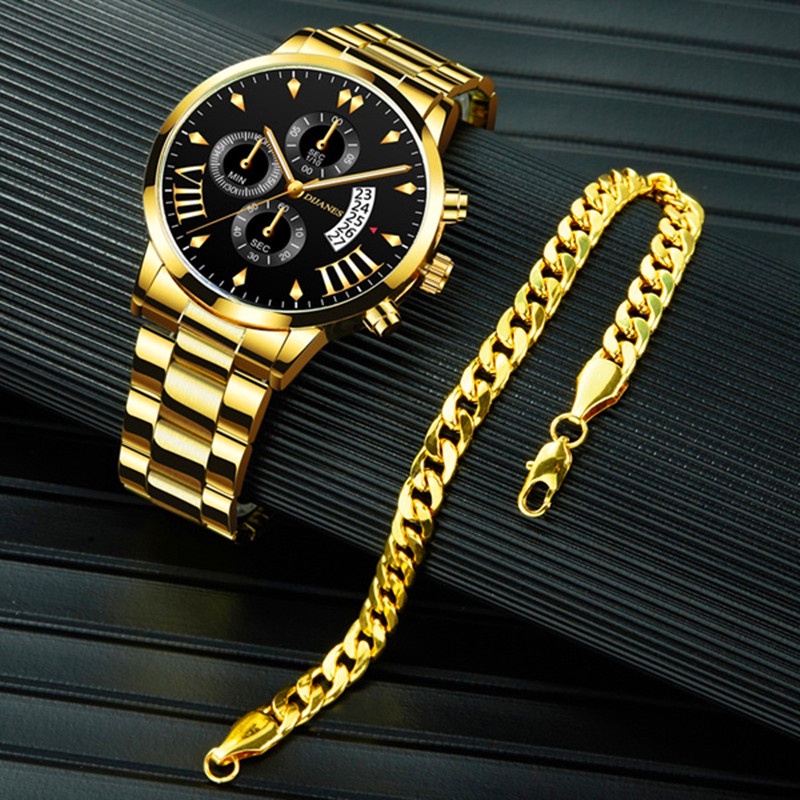 Relógio masculino relógio de ouro Kit pulseira relógio de quartzo ...