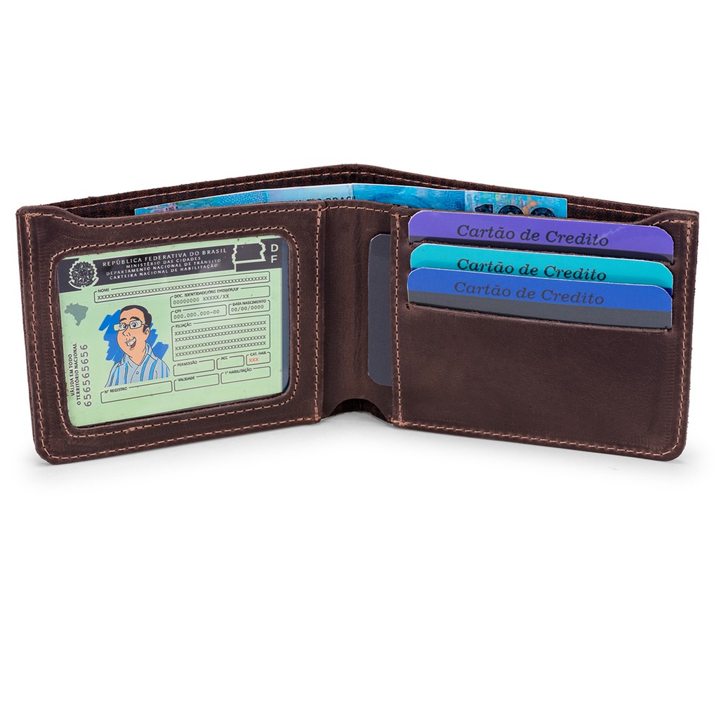Carteira Masculina Horizontal Slim Couro Legítimo Cartões, Cnh, Cédulas Com Visor