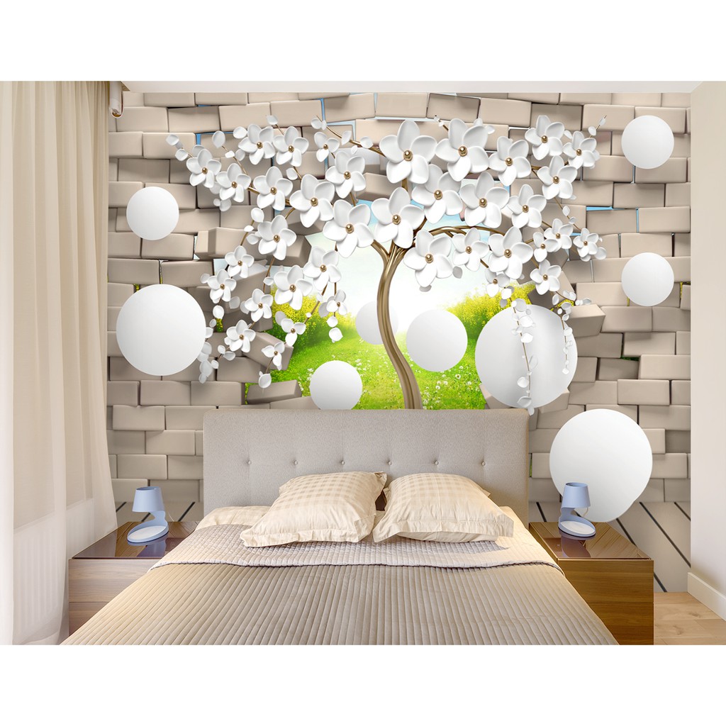 Papel de Parede 3D Adesivo Autocolante Tijolos Árvore Bolas Design Quarto e Sala Lançamento Sob Medidas