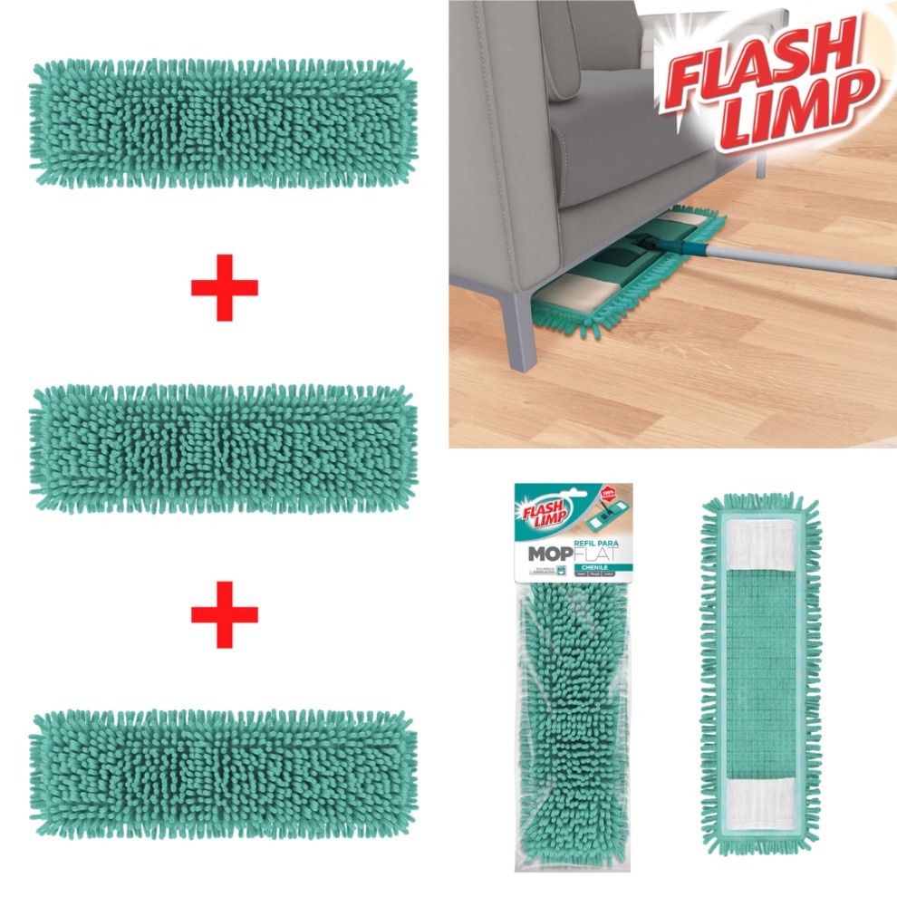 Refil Mop Flat Chenile Flash Limp Microfibra - 3 Unidades