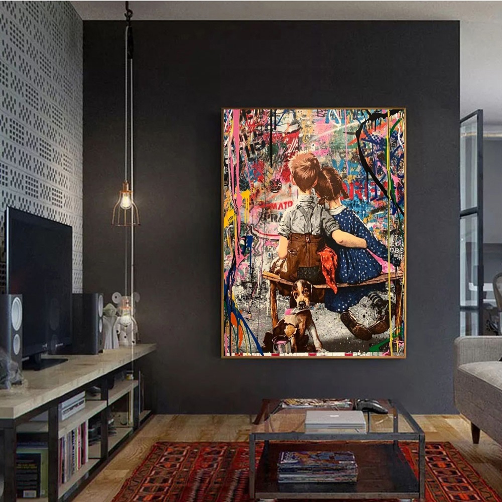 Quadro decorativo 1 peça 40x60 arte abstrata moderno menino e menina grafite colorido decoração para casa sala quarto hall