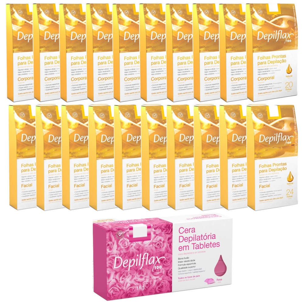 Kit Depilação Cera Quente 1kg Rosa 10 Folhas Faciais + 10 Folhas Corporais Natural Depilflax